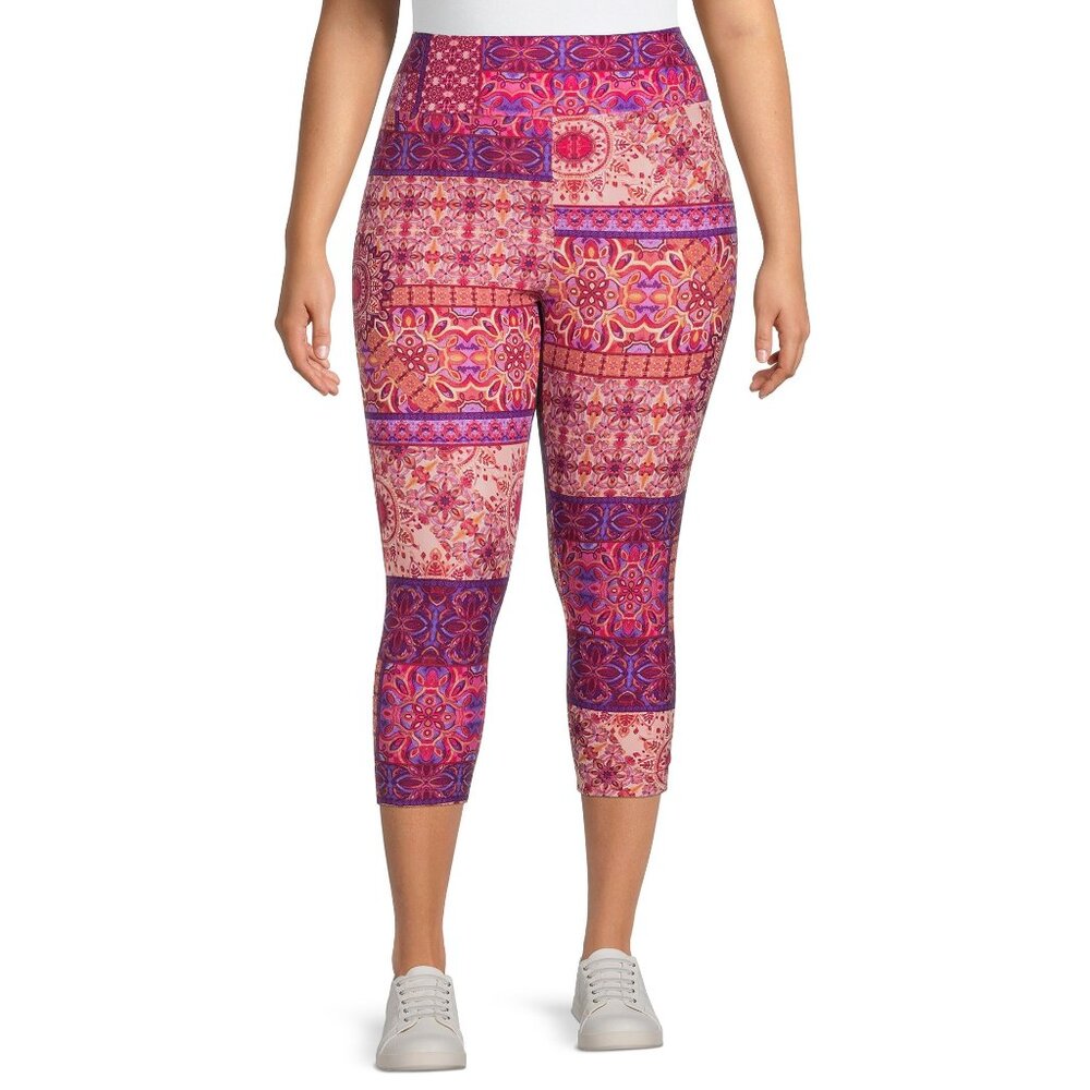 Terra & Sky Womens Plus Leggings Capri Size 2X, 3X High Rise Patchwork Design